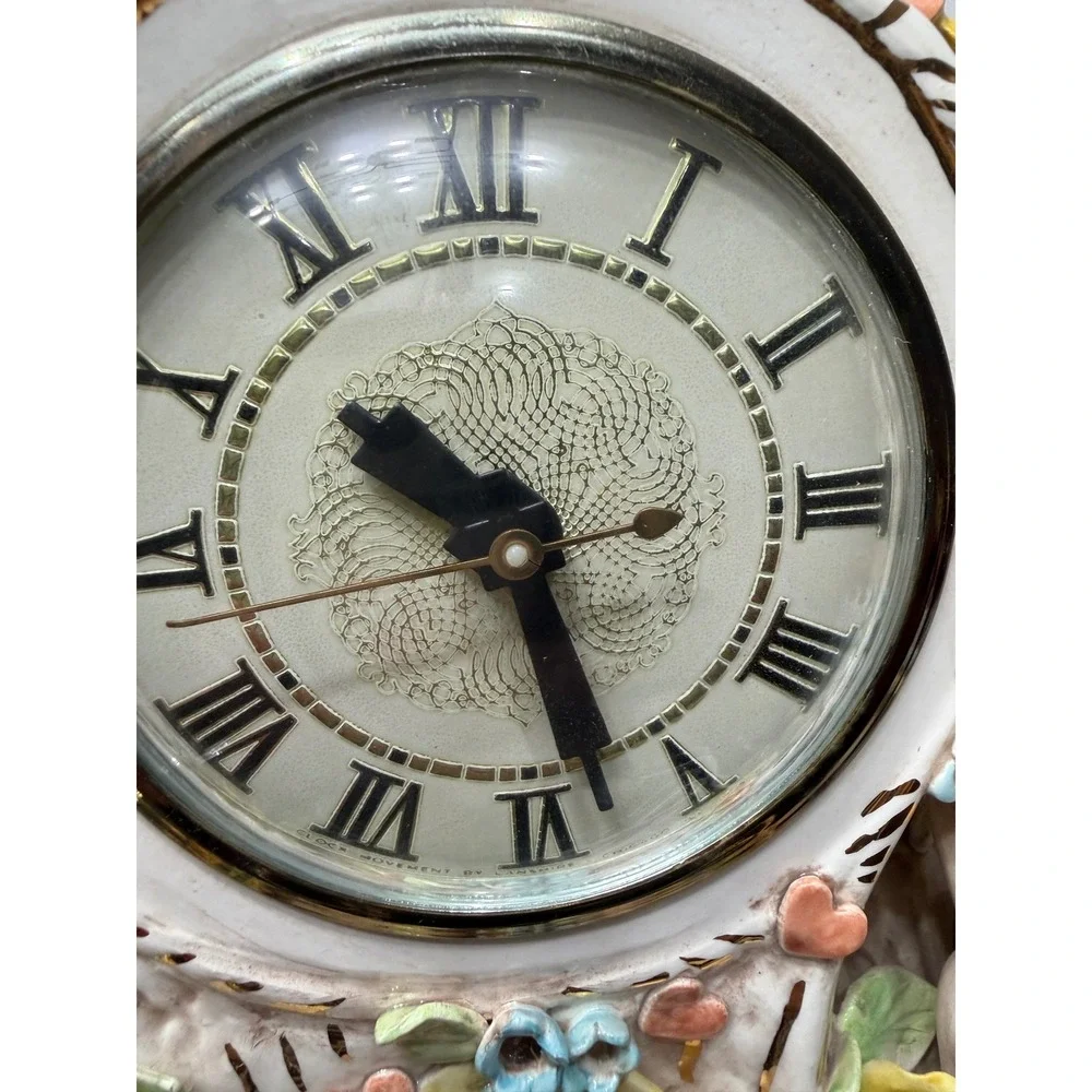 Vintage Lanshire Porcelain Mantel Clock Cherubs Doves‎ Roses Gold Gilt Electric